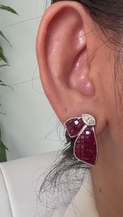 18kt gold invisible set ruby fan earrings AER069, 8ct natural rubies, 0.70ct marquise diamond, 8.70ct total, yellow white rose gold