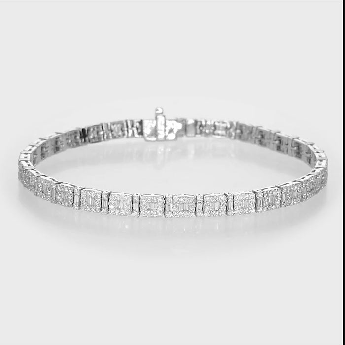 18k White Gold Baguette and Round Diamond Cluster Tennis Bracelet video