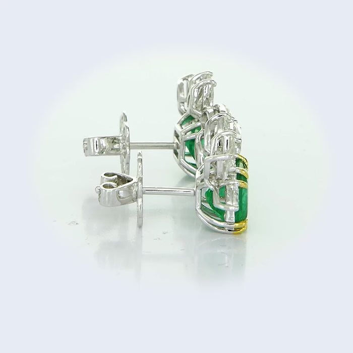 18K White Gold Marquise and Pear Lab Diamond Sunburst Studs with Green Emerald 360 deg video close up