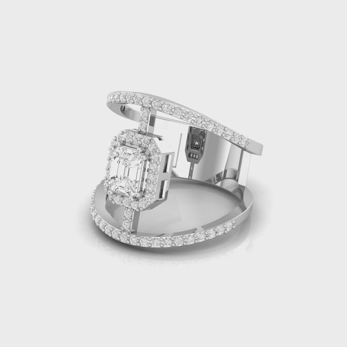 18kt gold pie-cut emerald diamond halo ring TR025, 1.00ct total, octagonal halo with open orbit asymmetric pavé band, yellow white rose gold