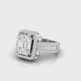 18kt gold pie-cut emerald diamond halo ring TR034, 1.30ct total, large pie-cut centre with round brilliant halo and dual baguette pavé split band, yellow white rose gold
