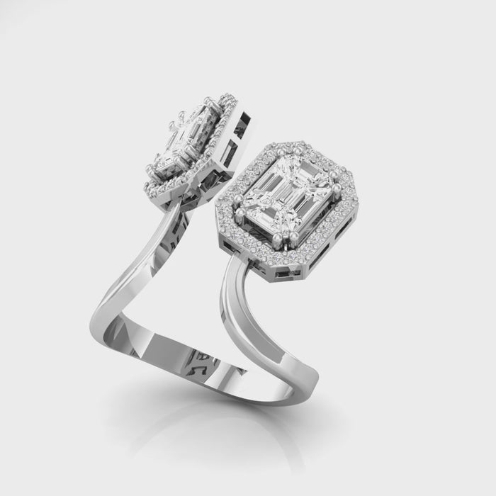 18kt gold toi et moi pie-cut diamond bypass ring TR041, 1.10ct total, dual emerald-cut clusters with octagonal halos on open bypass band, yellow white rose gold