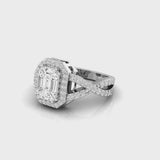 18kt gold pie-cut emerald diamond halo ring TR050, 1.00ct total, octagonal halo with twist pavé crossing band, yellow white rose gold