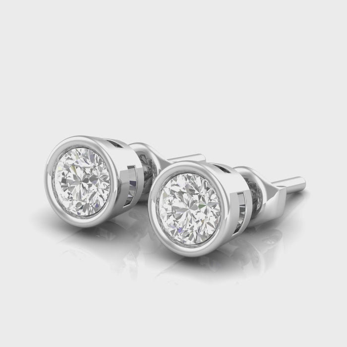 18kt gold bezel set round brilliant diamond stud earrings TER037, 0.50ct, F–G VS clarity, customisable from 0.10ct, yellow white rose gold