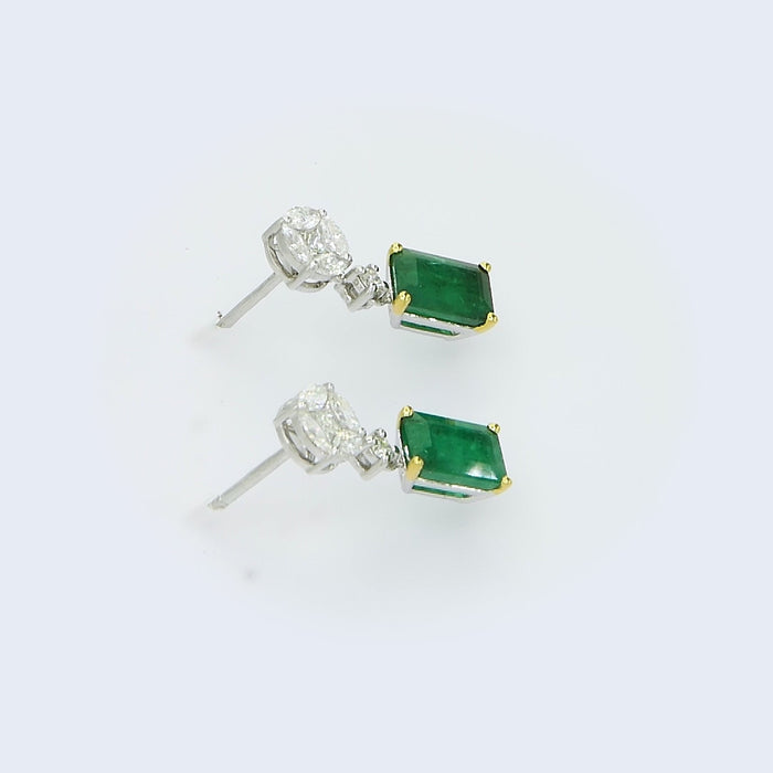 Video of Marquise Princess illusion Diamond Earrings with Emerald Dangles