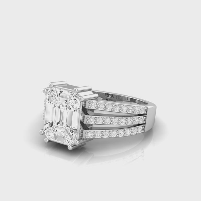 18kt gold pie-cut emerald diamond ring TR028, 1.10ct total, four-prong pie-cut centre with triple split round brilliant pavé band, yellow white rose gold