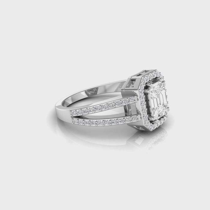 18kt gold pie-cut emerald diamond halo ring TR004, 1.00ct total, octagonal halo and split pavé band, yellow white rose gold