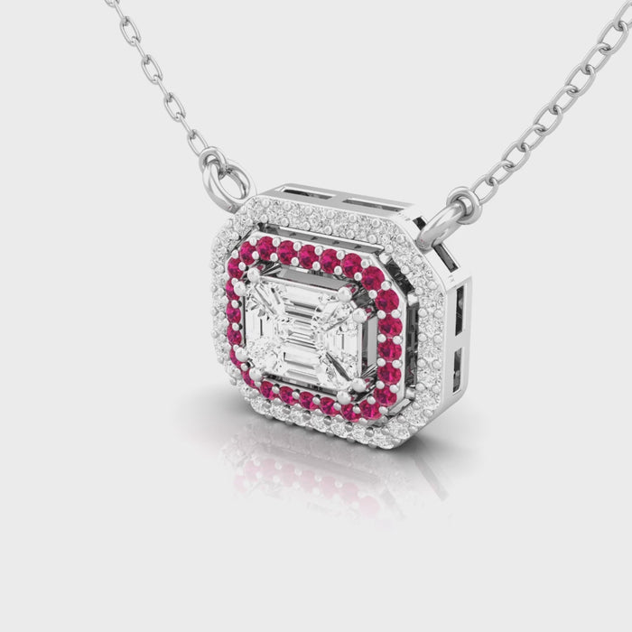 TNK015 pie-cut diamond double halo necklace with ruby inner halo 18kt white gold 360 video