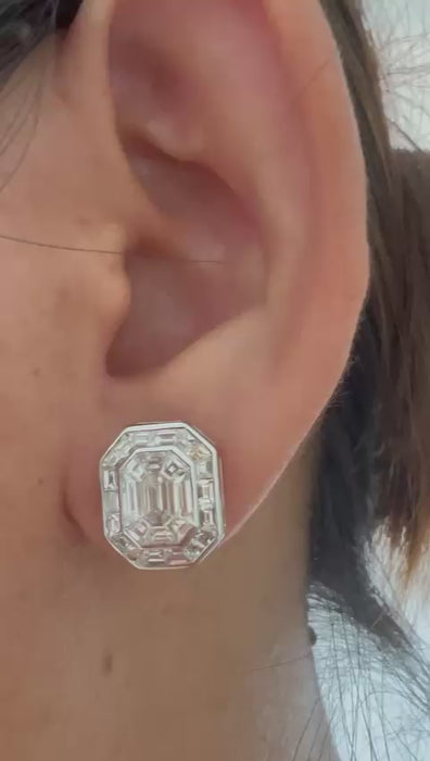 Emerald-Shape Composite Diamond Studs with Baguette Halo on ears video 