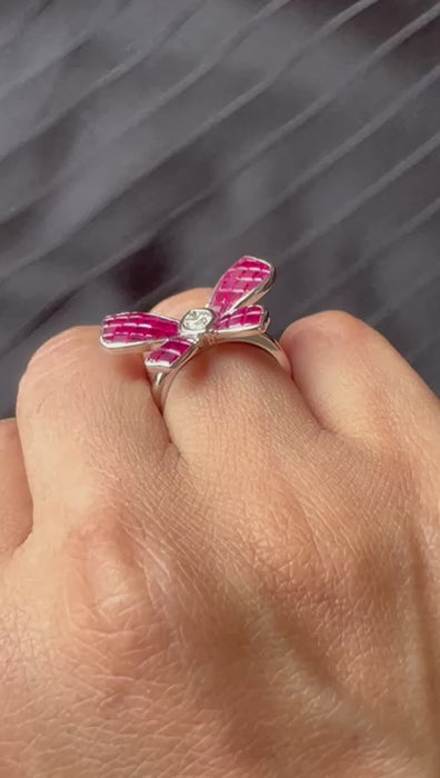 18k White Gold Invisible-Set Ruby Butterfly Ring on hand video