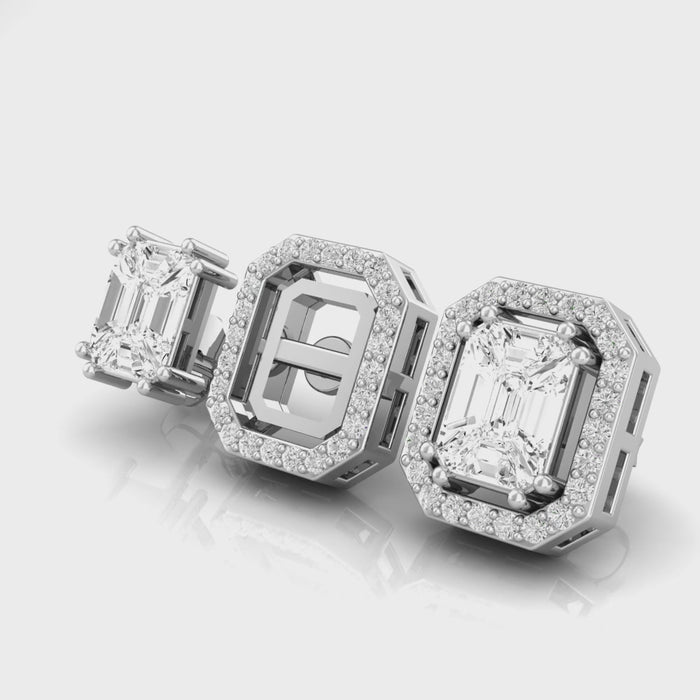 Close up video of detachable diamond halo jacket and pie-cut diamond centre stud earring AE006