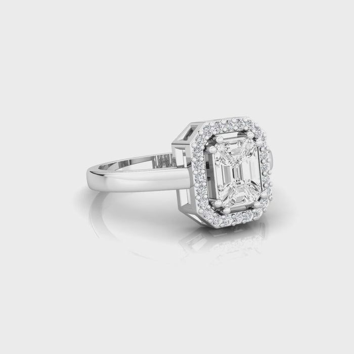 Video of Baguette Illusion Emerald Style Piecut diamond with a Halo Ring with plain band