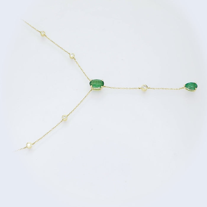 18KT Yellow Gold Oval and Pear Emerald Diamond Bezel Station Lariat Necklace video 