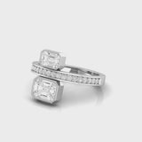 18KT white Gold Two-Stone Baguette Illusion Emerald Cut Diamond Toi et Moi Bezel Bypass Ring on hand view
 360 video