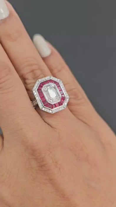 18kt white gold pie-cut diamond invisible set ruby double halo ring video