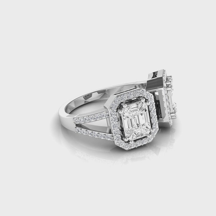 18kt gold toi et moi pie-cut diamond bypass ring TR022 rotating 360 degrees — dual 2ct face-up emerald-cut pie-cut clusters with round brilliant pavé halos, 1.60ct total diamond weight, VVS–VS clarity F–G colour, available in yellow white and rose gold, fine jewellery made in Bangkok Thailand