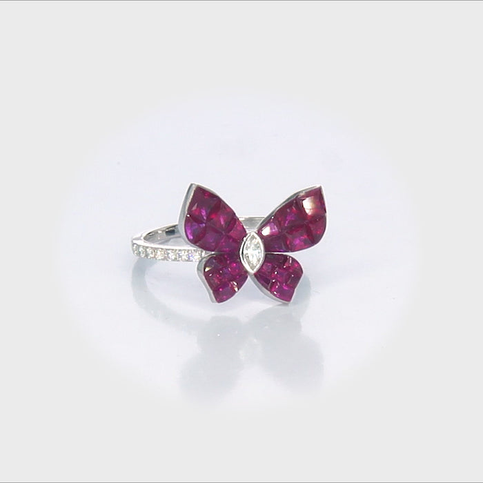 18KT White Gold Invisible Setting Ruby Diamond Butterfly Ring close up video