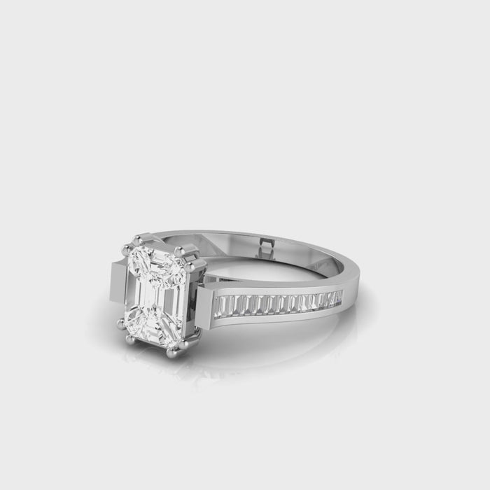 18kt gold pie-cut emerald diamond ring TR040, 0.90ct total, six-prong pie-cut centre with horizontal baguette channel shoulders, yellow white rose gold